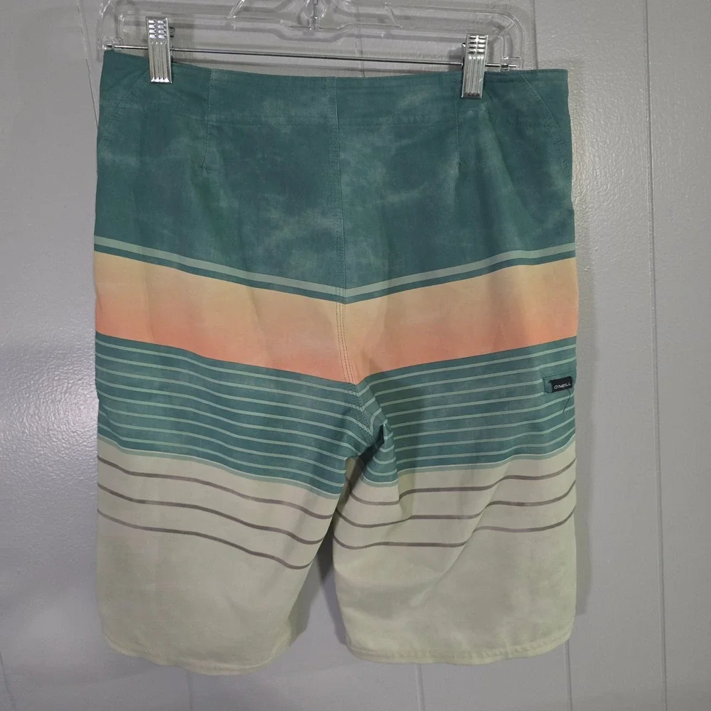 O'Neill Board Shorts Mens 30 Teal Orange Striped Good Stretch Swim‎ Trunks